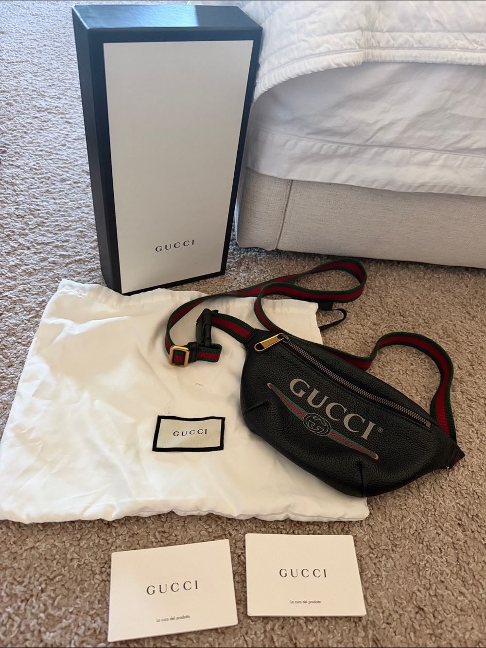 Gucci Black Leather Logo Belt Bag with Green-Red Web Strap